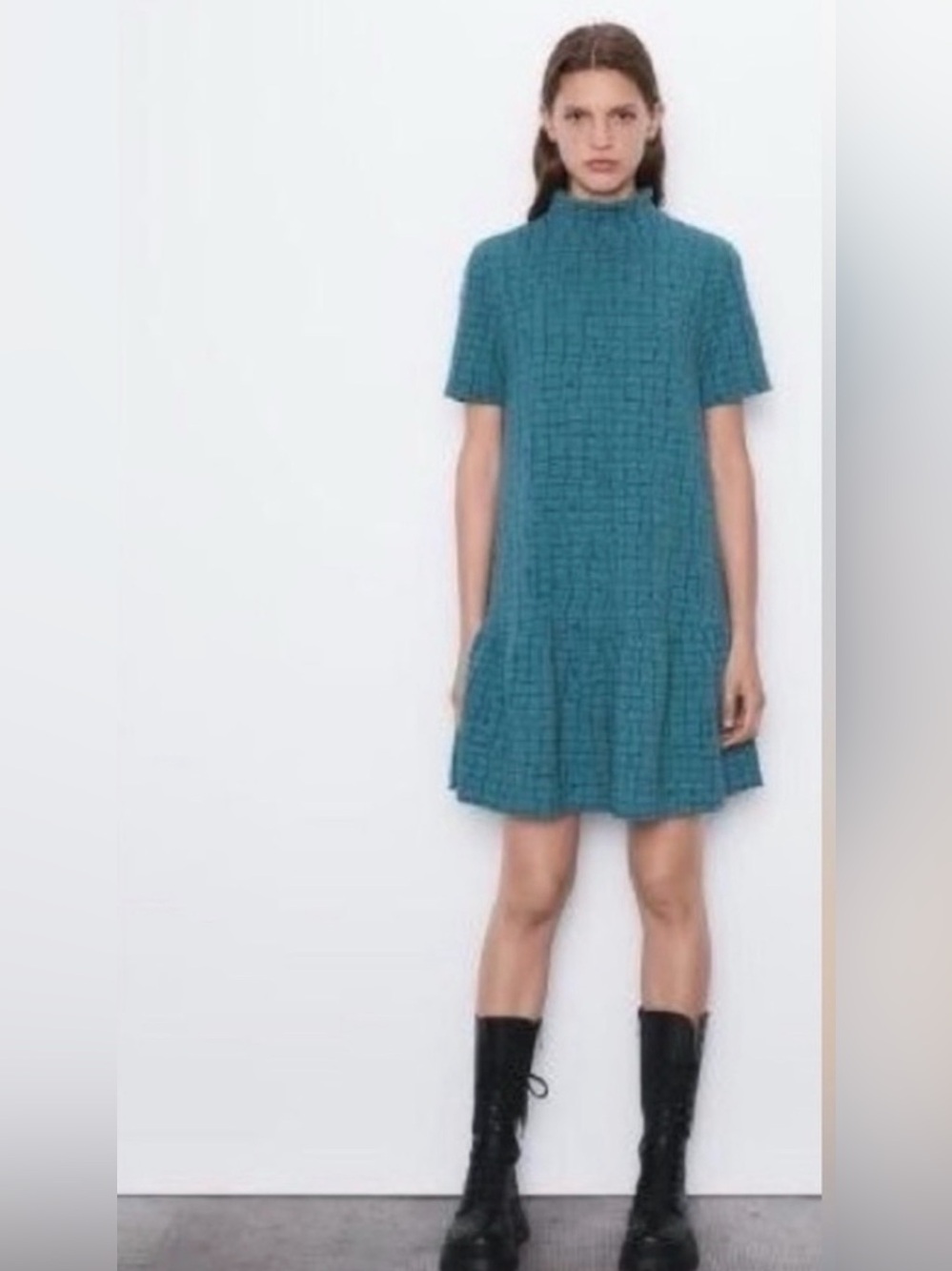 Zara Textured Mock Neck Teal Mini Dress Ruffle Hem Retro Mod Minimalist Small
